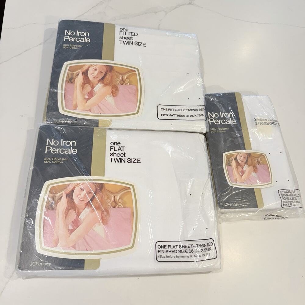 Vintage JCPenney Fashion Manor No Iron Percale Twin Sheet Set White NEW Sealed